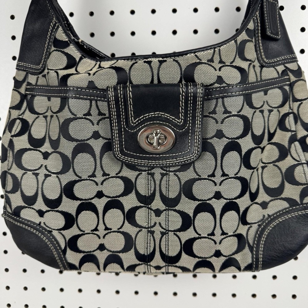 COACH Signature Hobo Shoulder Bag Turn Lock Leather Canvas Black Gray F 13971 - Picture 2 of 16
